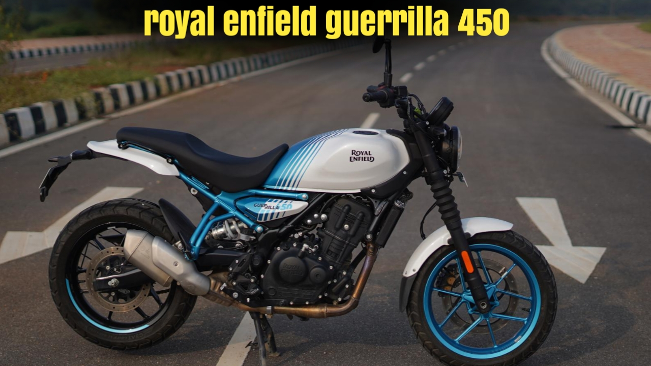 Royal Enfield Guerrilla 450 रोडस्टर बाइक का मस्कुलर फ्रंट लुक और LED हेडलैंप।