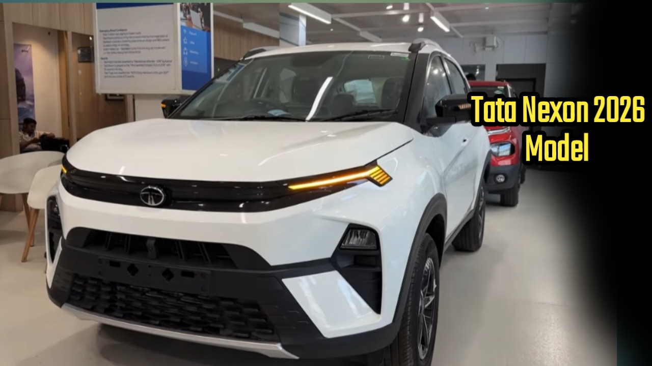 Tata Nexon 2026 Model front look featuring smart digital LED DRLs and piano black grille.