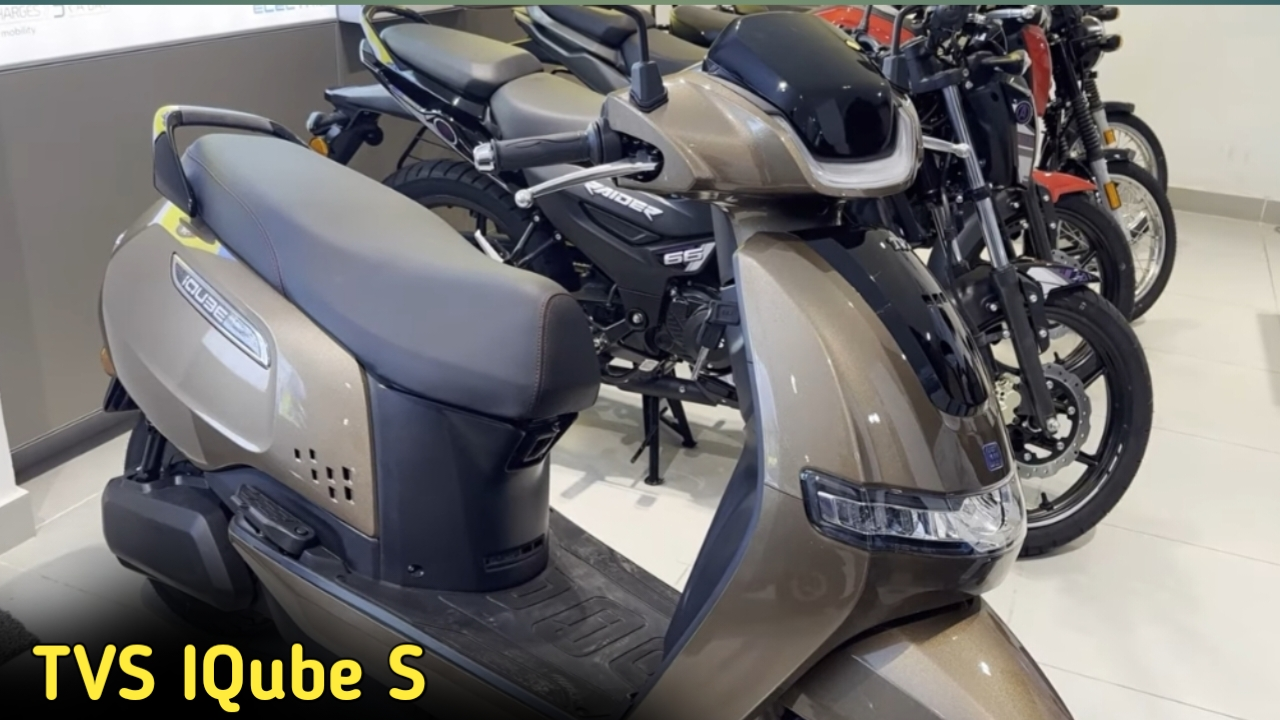 TVS iQube S electric scooter front profile in Mint Blue color with LED DRLs